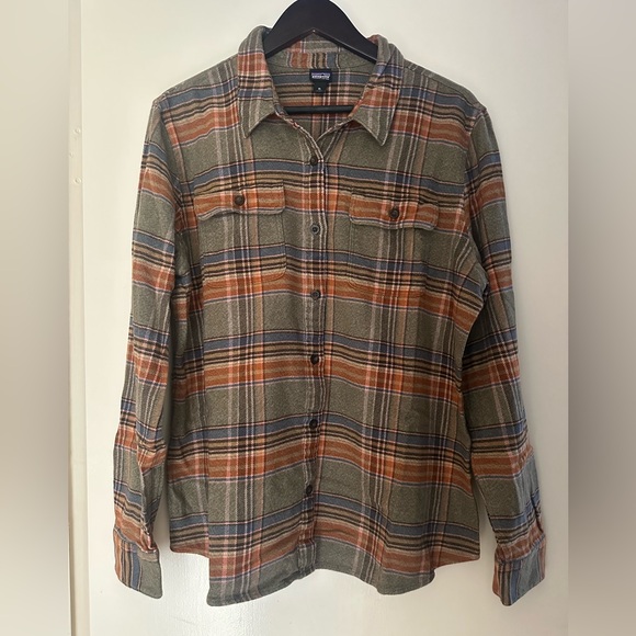 EUC Patagonia W XL Long-Sleeved Fjord Flannel Shirt Chambray Tundra Brown Plaid - Picture 3 of 5